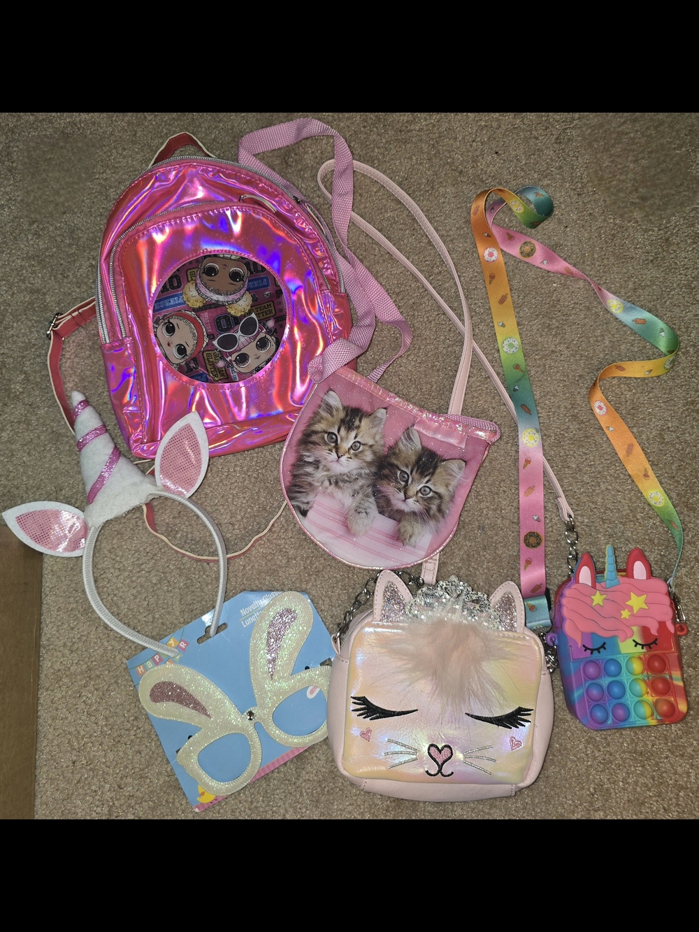 Kids Pink Holographic Unicorn & Kitten Crossbody Bag Set